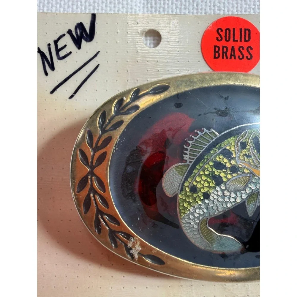 Vintage Solid Brass Largemouth Bass‎ Fishing Belt Buckle Cloisonne Enamel Oval